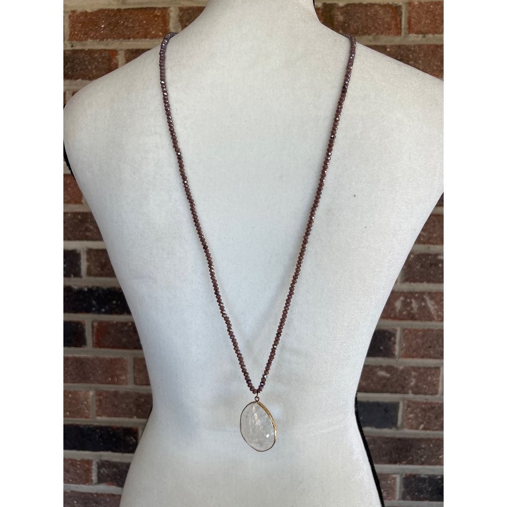 Fire Glass Pink Faceted Beads with an Oval Clear Quartz Pendant -- 34"